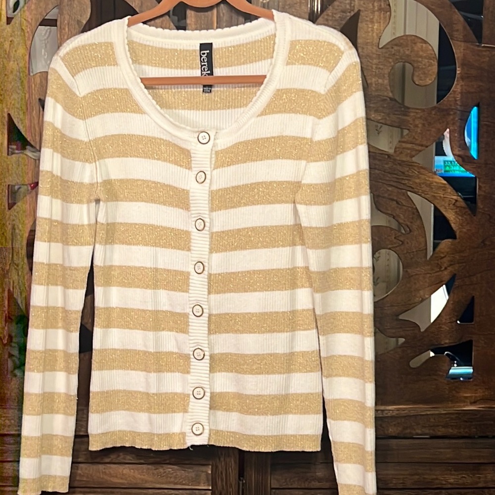 EUC Berek Large cardigan white and gold stripped sweater.
